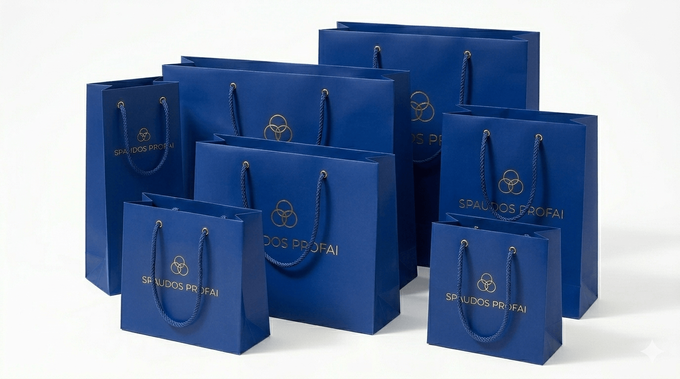 Mėlyni reklaminiai maišeliai skirtingų dydžių