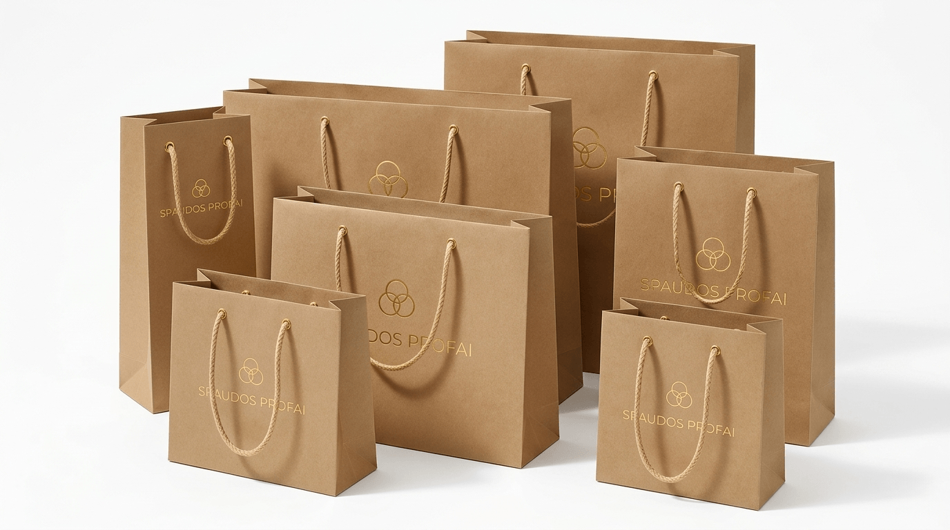 Juodi reklaminiai maišeliai su auksiniu logotipu