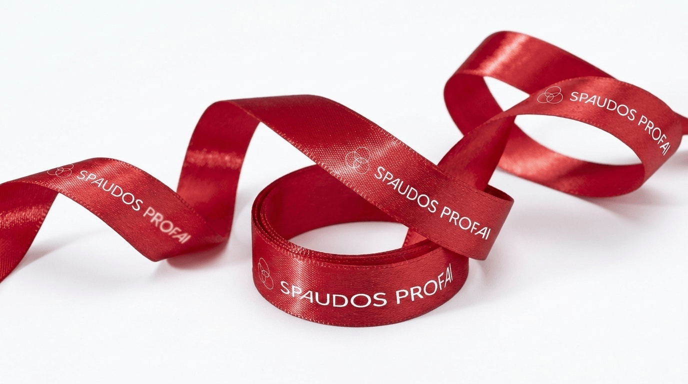 Raudona tekstilinė juostelė su baltu Spaudos Profai logotipu